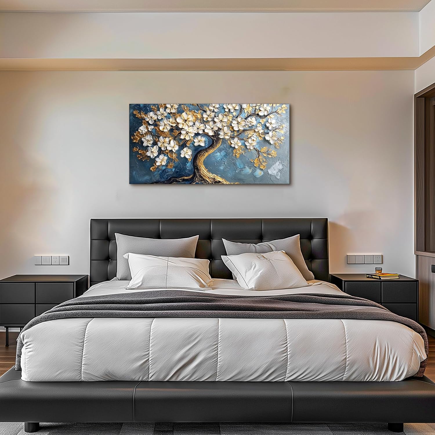 Tree of Life Large Canvas Wall Art, Abstract Gold Tree Modern Office Decorations, Nature White Floral Artwork for Walls, Navy Blue Pictures Wall Decor Living Room Bedroom Art Prints 20"X40"