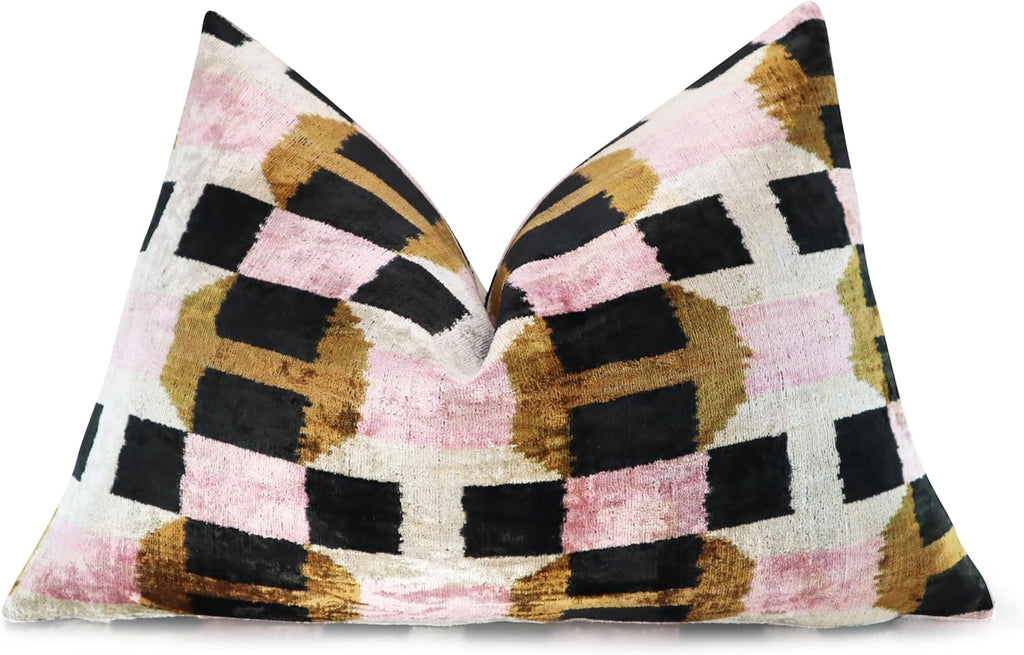 Handmade Pink & Brown Geometric Silk Velvet Throw Pillow – 16x24 Inch, Naturally Dyed, Down Feather Insert, Luxury Decorative Cushion for Sofa & Bed