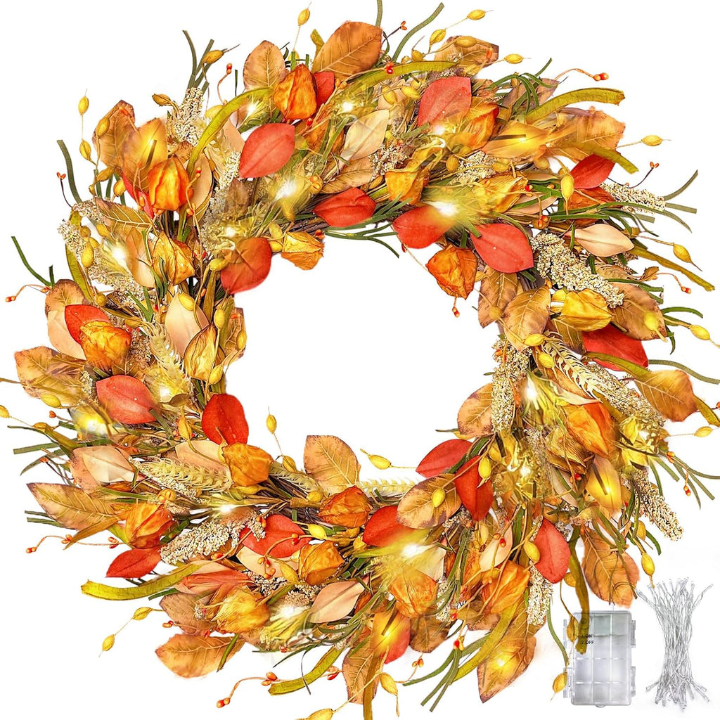 24 Inch Fall Wreath with Lights,Fall Door Wreath with Wheat Berry Straw,Farmhouse Thanksgiving Harvest Wreath for Home Wall Fall Festival Decor