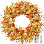 24 Inch Fall Wreath with Lights,Fall Door Wreath with Wheat Berry Straw,Farmhouse Thanksgiving Harvest Wreath for Home Wall Fall Festival Decor