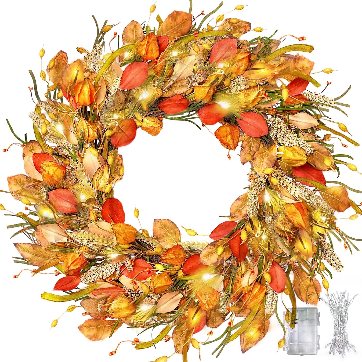 24 Inch Fall Wreath with Lights,Fall Door Wreath with Wheat Berry Straw,Farmhouse Thanksgiving Harvest Wreath for Home Wall Fall Festival Decor