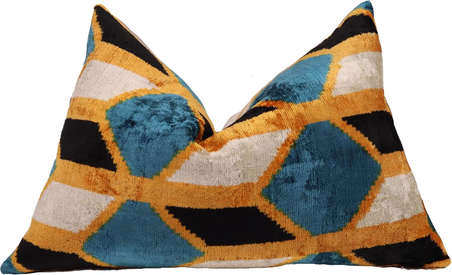 Handmade Velvet Throw Pillow, 16x24 Inches, Premium Down Feather Insert, Geometric Blue, Gold, Black Design, Soft and Luxurious Cushion for Sofa, Bedroom, and Living Room
