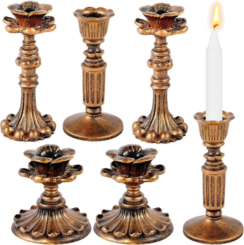 6 Pcs Vintage Candlestick Holders Taper Resin Candle Holder Retro Antique Candle Holder Floral Decorative Candlesticks for Wedding Anniversary Table Centerpieces Fireplace Home Decor(Bronze)