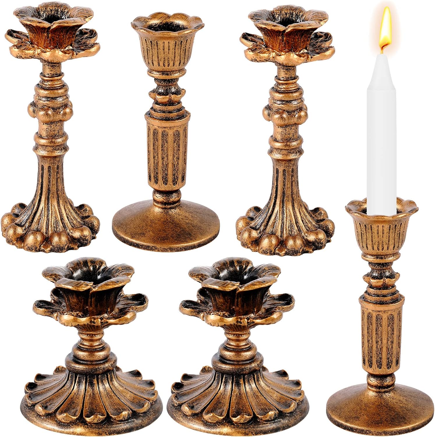 6 Pcs Vintage Candlestick Holders Taper Resin Candle Holder Retro Antique Candle Holder Floral Decorative Candlesticks for Wedding Anniversary Table Centerpieces Fireplace Home Decor(Bronze)