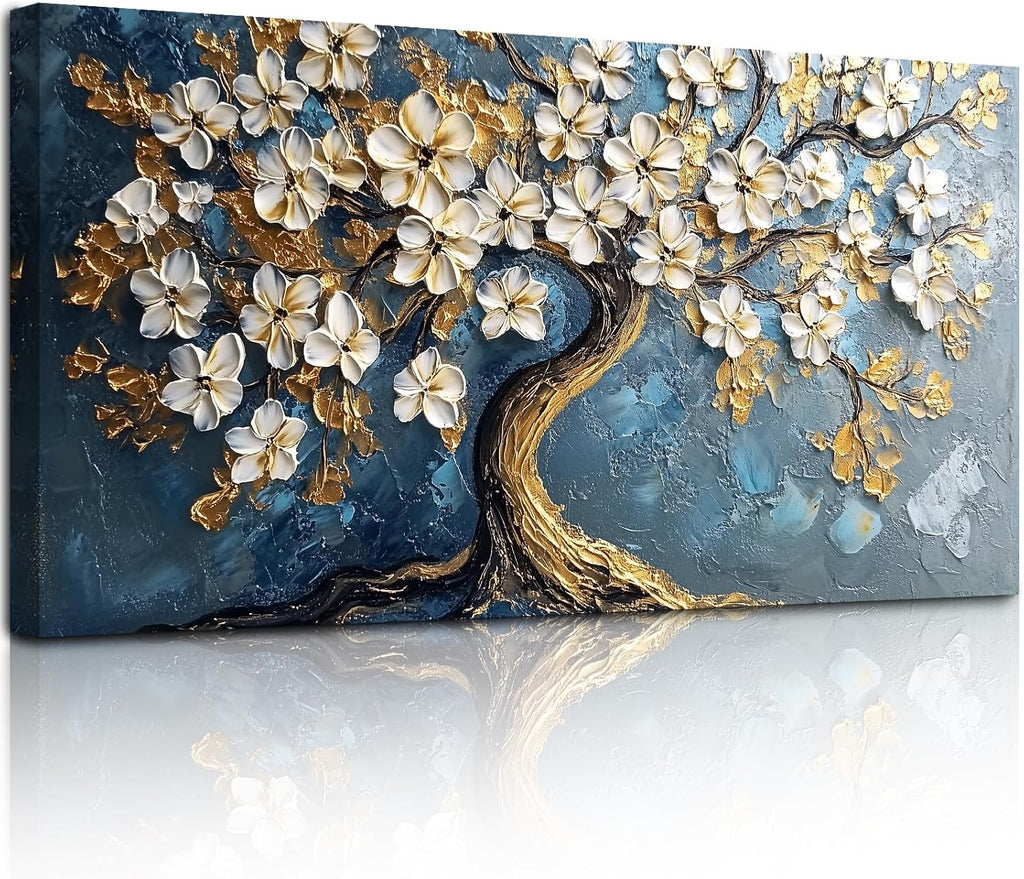Tree of Life Large Canvas Wall Art, Abstract Gold Tree Modern Office Decorations, Nature White Floral Artwork for Walls, Navy Blue Pictures Wall Decor Living Room Bedroom Art Prints 20"X40"
