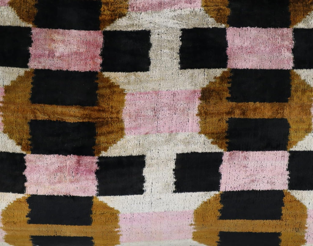 Handmade Pink & Brown Geometric Silk Velvet Throw Pillow – 16x24 Inch, Naturally Dyed, Down Feather Insert, Luxury Decorative Cushion for Sofa & Bed