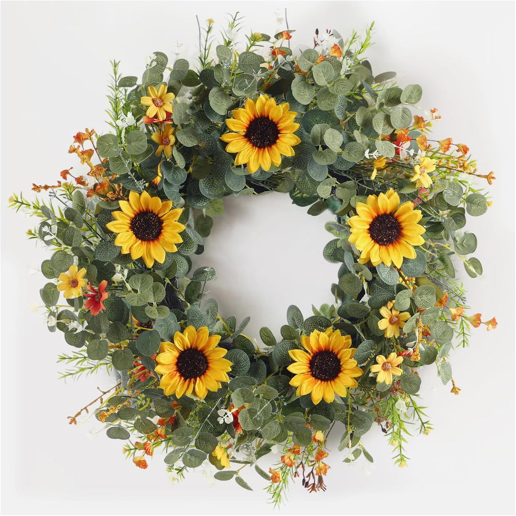 24 Inch Eucalyptus and Sunflower Wreath for Front Door Decor – Artificial Greenery Front Door Wreath, Outdoor Wreaths for Front Door for Spring, Summer, Fall & All Seasons Home or Porch Decor