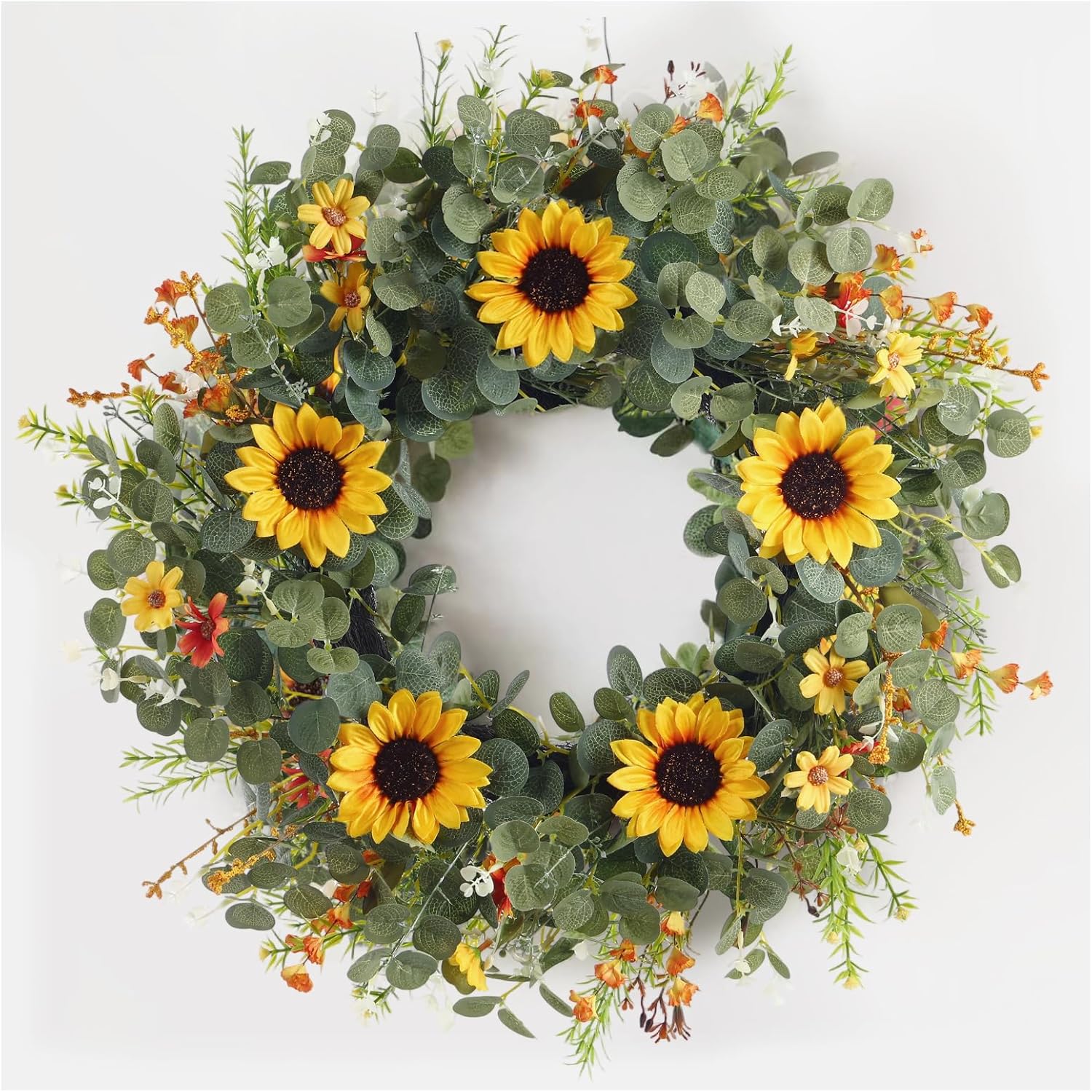 24 Inch Eucalyptus and Sunflower Wreath for Front Door Decor – Artificial Greenery Front Door Wreath, Outdoor Wreaths for Front Door for Spring, Summer, Fall & All Seasons Home or Porch Decor