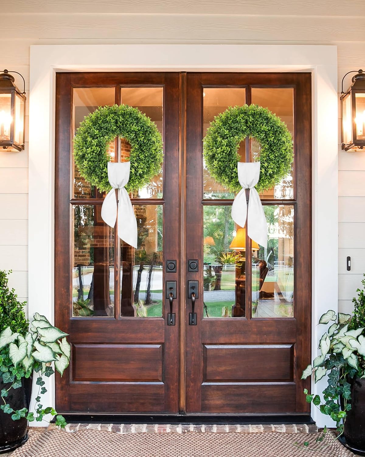 20 Inch Artificial Boxwood Wreaths for Front Door, Summer Door Wreath with Sash, Spring Green Wreath Weatherproof for Wall Window Porch Farmhouse Wedding Decor All Year Round Indoor Outdoor