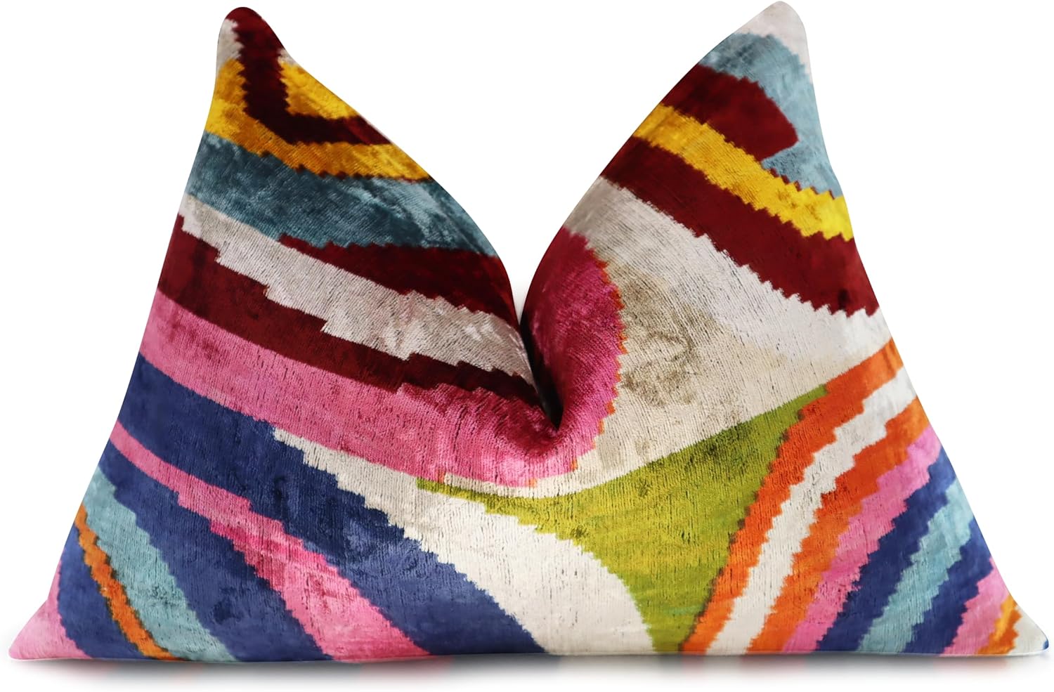 Handmade Multi-Color Rainbow Silk Velvet Throw Pillow – 16x24 Inch, Naturally Dyed, Decorative Accent Cushion with Down Feather Insert – Luxury Bohemian Ikat Pattern for Sofa & Bed
