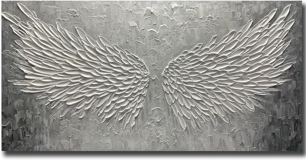 Wall Art with Canvas Hand Painted Wings, Grey and White Heavy Texture Oil Painting Wall Decor, Modern Painting Artwork for Wall for Living Room Bedroom Office Home Decor(48" Wx24 L)