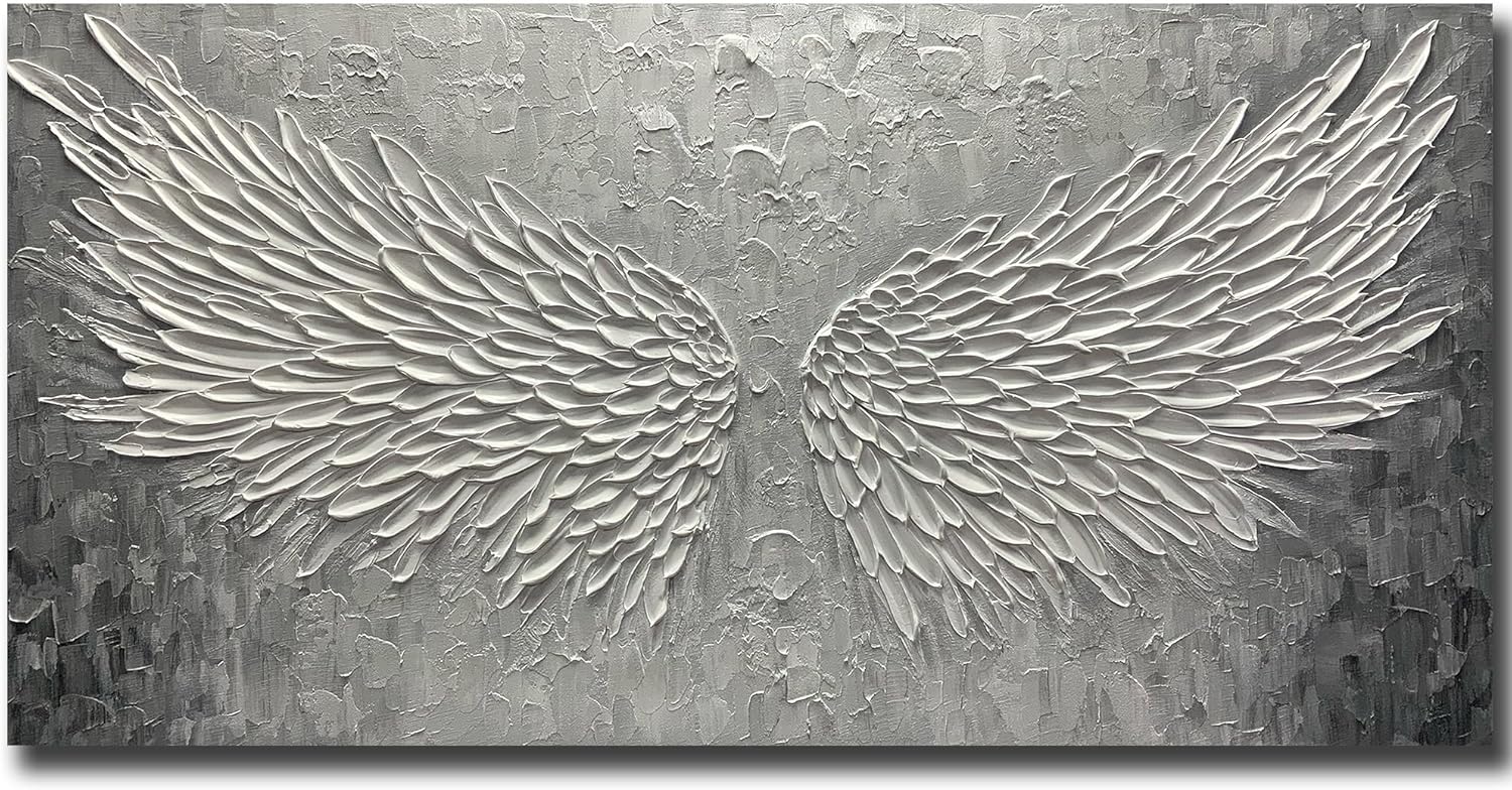 Wall Art with Canvas Hand Painted Wings, Grey and White Heavy Texture Oil Painting Wall Decor, Modern Painting Artwork for Wall for Living Room Bedroom Office Home Decor(48" Wx24 L)