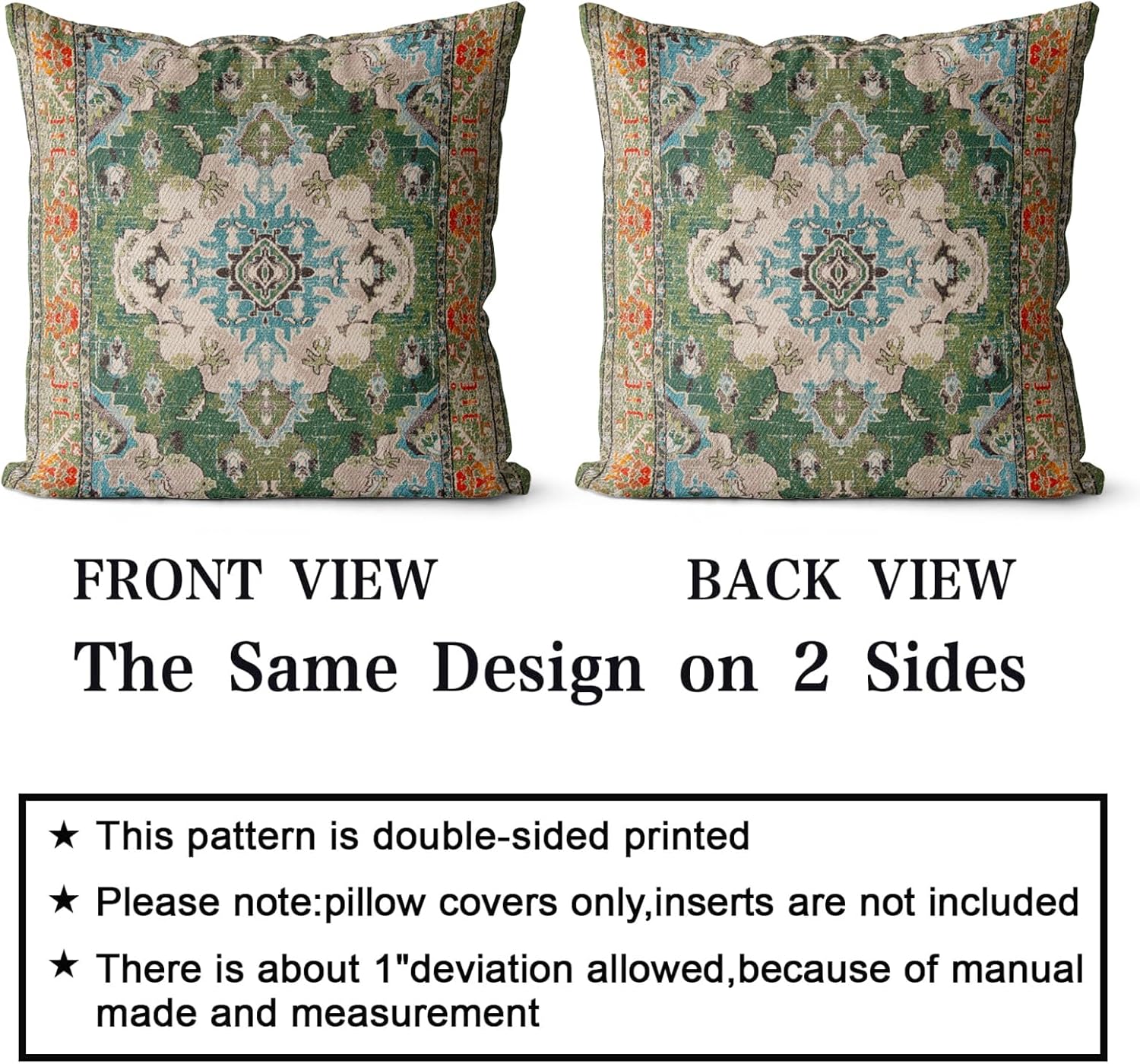 Boho Throw Pillow Covers 18x18 inch Set of 2 Boho Rug Carpet Double Sided Pattern Cotton Soft Pillow Case Cushion Cover Pillowcase for Couch Sofa Bed Decorative (Green)