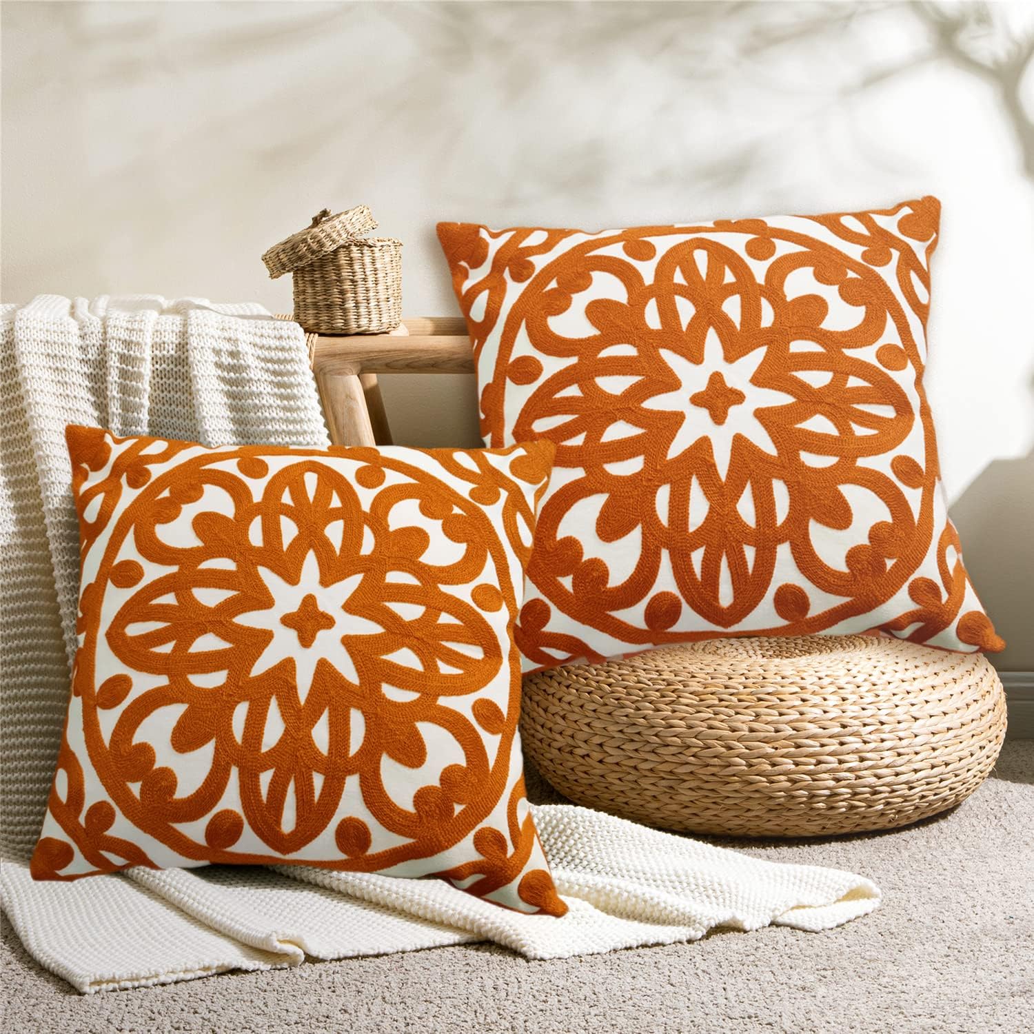 Embroidered Decorative Throw Pillow Cover 18x18 inches Set of 2 Pieces, Boho Mandala Modern Chic Classic Pattern Cotton Cushion Case for Sofa Couch Bed Living Room(Burnt Orange)