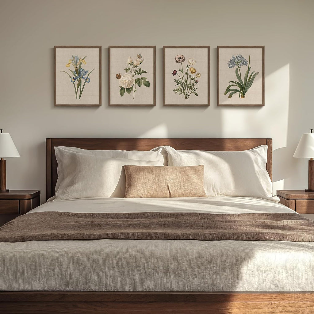 Framed Botanical Floral Wall Art, 4 Piece Vintage Flower Canvas Painting Prints for Bedroom, Rustic Floral Butterfly Pictures for Farmhouse Kitchen Living Room Dining Room Hallway Wall Decor, 11x14 In