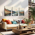 Framed Mountain Canvas Wall Art Set of 3, Boho Watercolor Poster Prints Painting, Sun Forest Abstract Nature Landscape Artwork Wall Decor for Living Room, Bedroom, Office 12x16 In