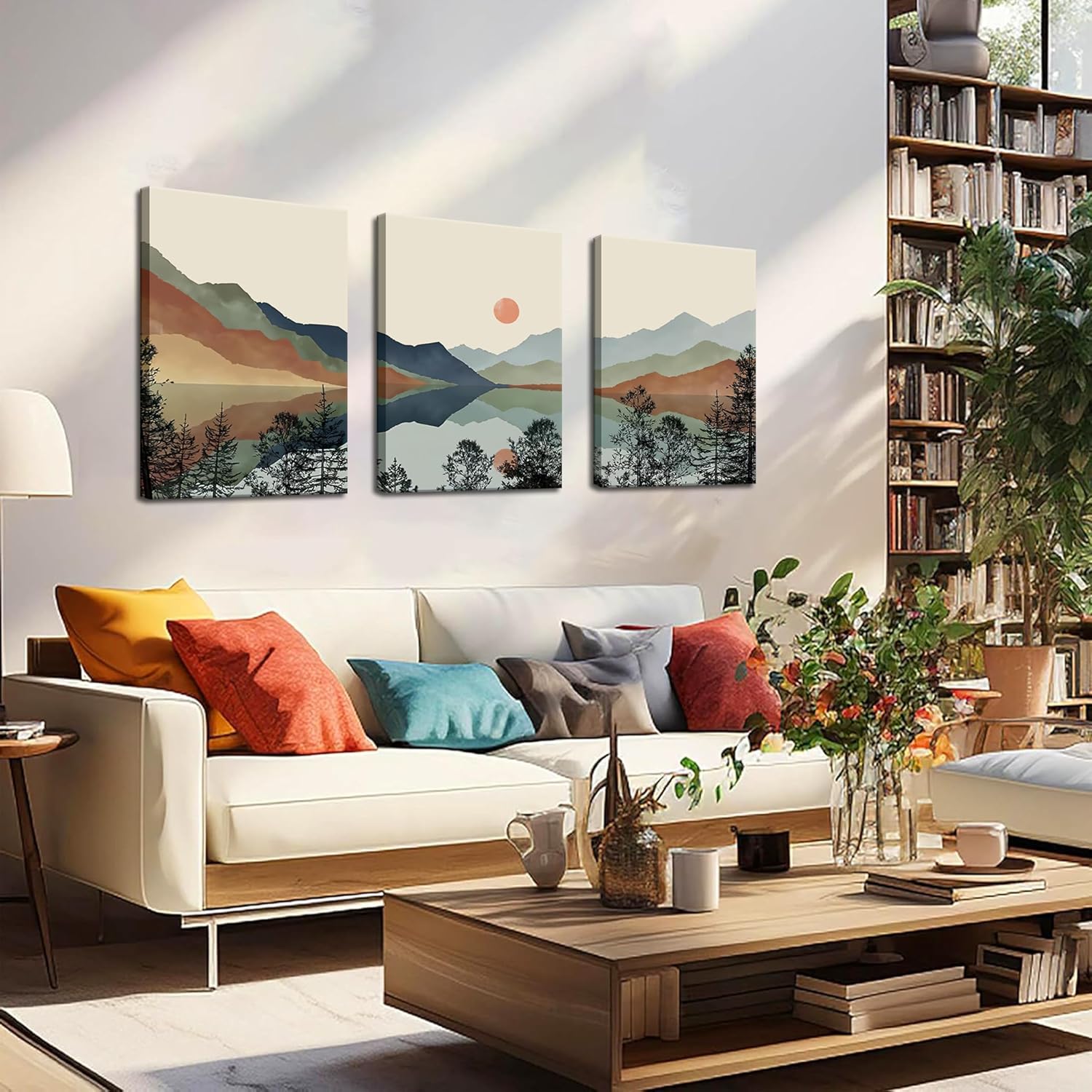 Framed Mountain Canvas Wall Art Set of 3, Boho Watercolor Poster Prints Painting, Sun Forest Abstract Nature Landscape Artwork Wall Decor for Living Room, Bedroom, Office 12x16 In