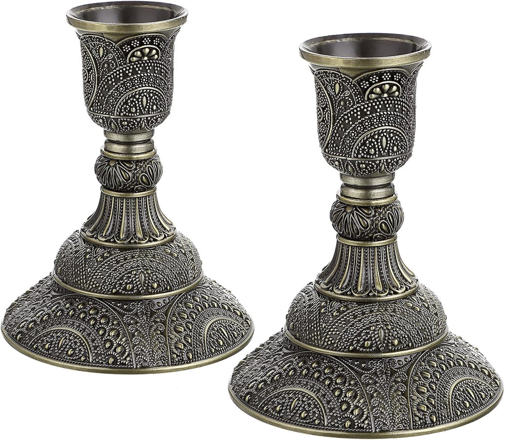 Set of 2 Taper Candle Holders Vintage Metal Pillar Candlestick Holders 4”H, Elegant Brass Candle Stick Holders Decorative Candelabra Set for Dining Table Centerpieces Wedding, Antique Bronze
