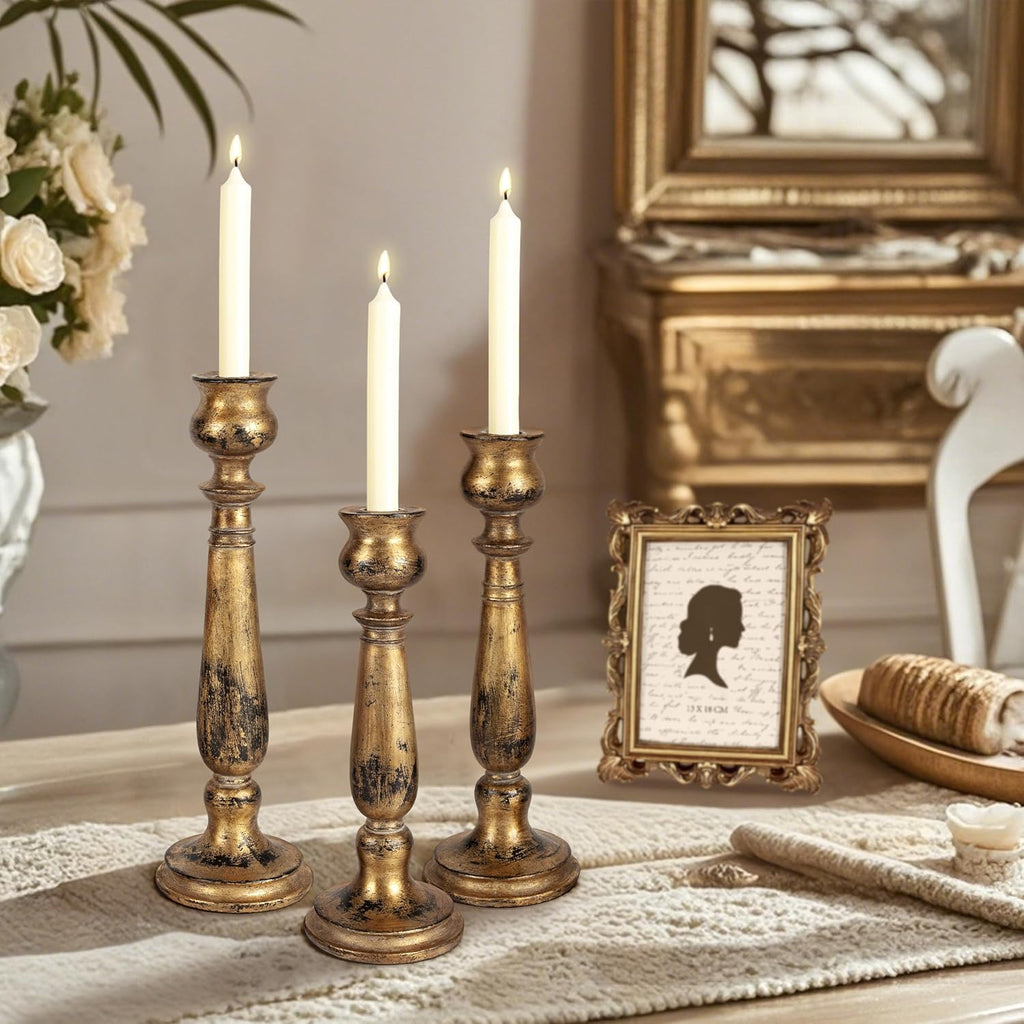 Tall Candle Holders Set of 3, Rustic Candlestick Holder, Vintage Centerpiece Table Decorations, Fireplace Mantel Decor, Elegant Antique Candle Holder Decor, Gift Ideas, Distressed Gold