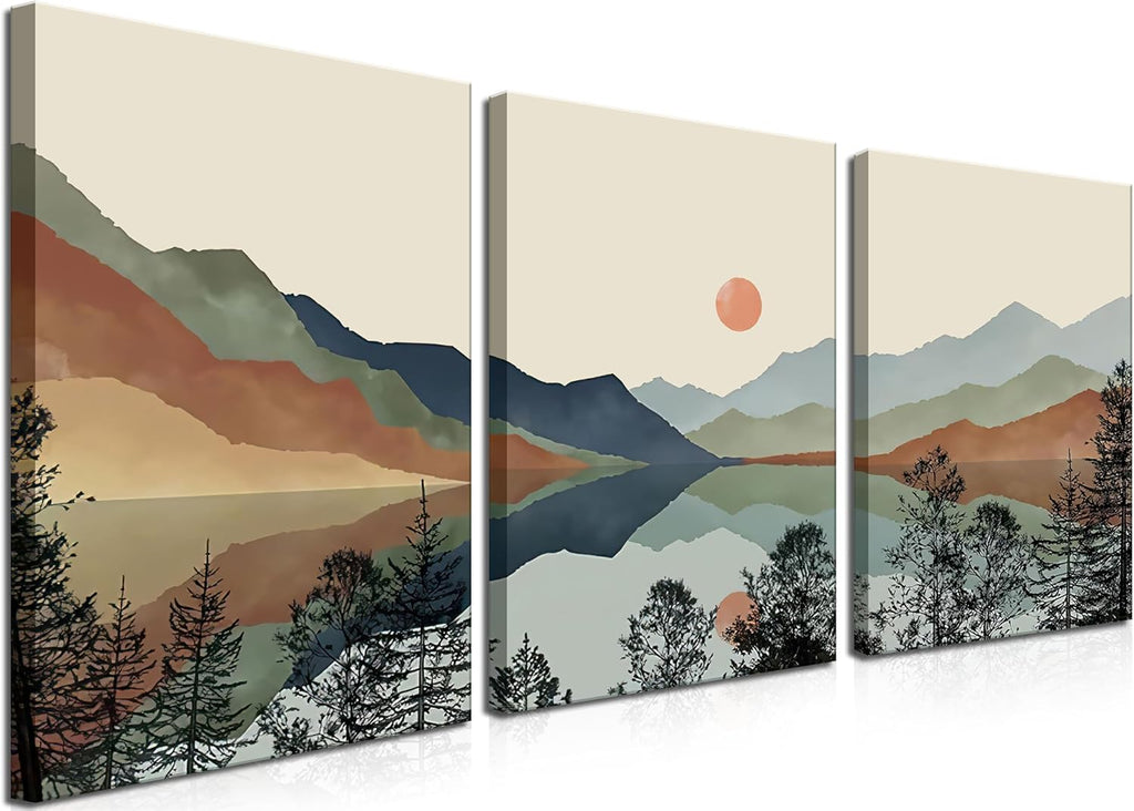 Framed Mountain Canvas Wall Art Set of 3, Boho Watercolor Poster Prints Painting, Sun Forest Abstract Nature Landscape Artwork Wall Decor for Living Room, Bedroom, Office 12x16 In