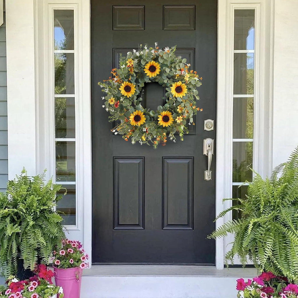 24 Inch Eucalyptus and Sunflower Wreath for Front Door Decor – Artificial Greenery Front Door Wreath, Outdoor Wreaths for Front Door for Spring, Summer, Fall & All Seasons Home or Porch Decor