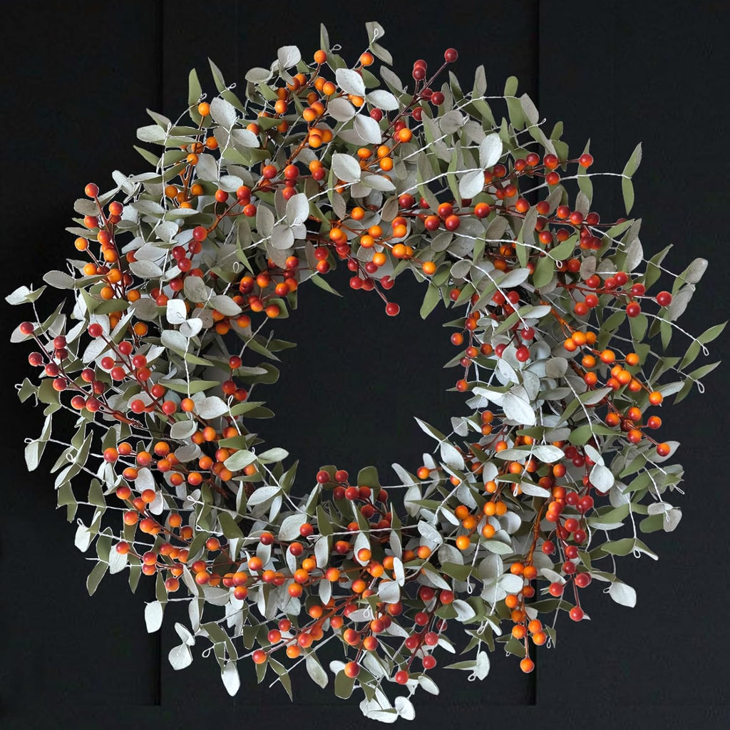 22 Inch Boxwood Orange Berries Wreath for Front Door, Fall Door Wreath for Indoor Outdoor, Soft Touch Greenery with Yellow Orange Berry Door Decor