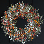 22 Inch Boxwood Orange Berries Wreath for Front Door, Fall Door Wreath for Indoor Outdoor, Soft Touch Greenery with Yellow Orange Berry Door Decor