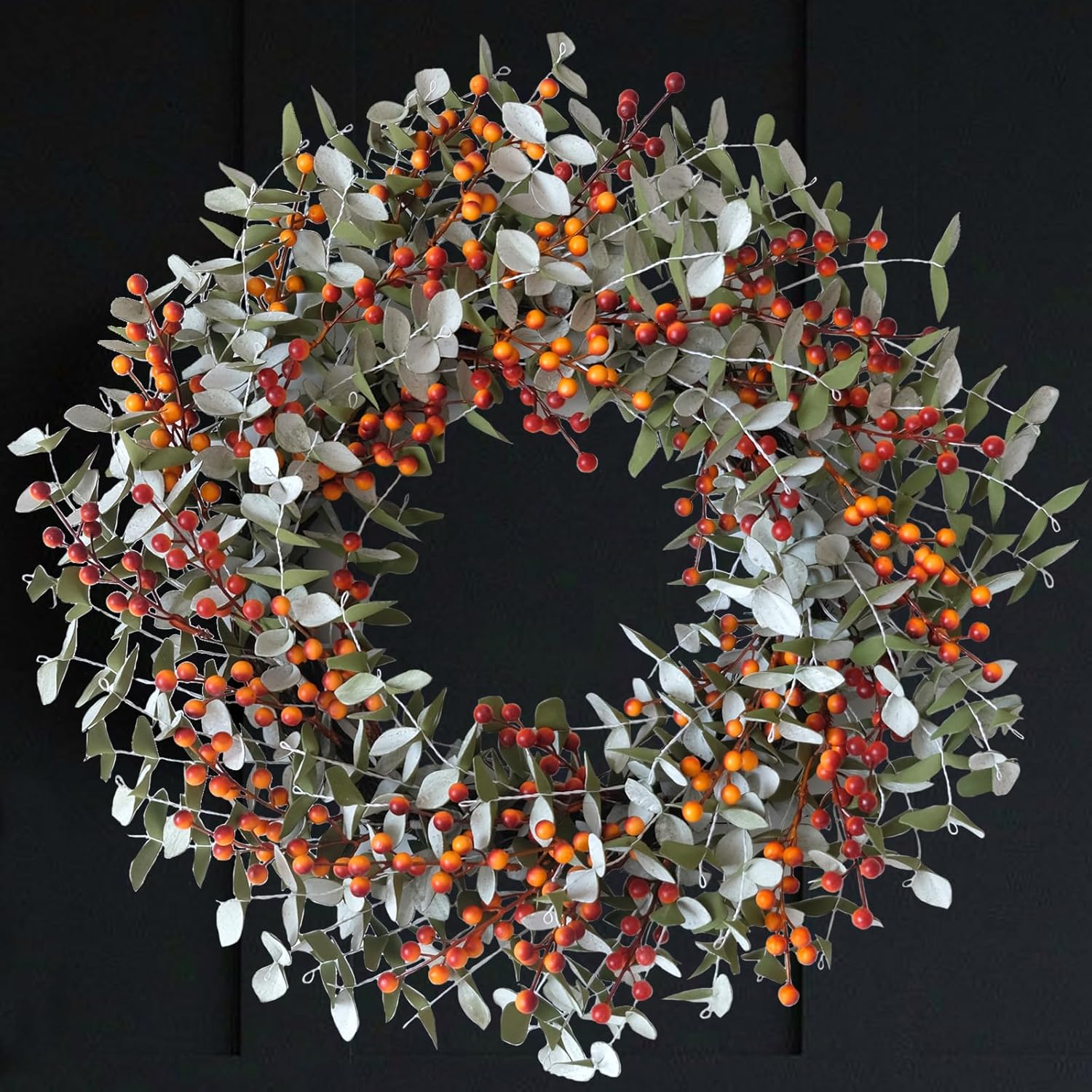 22 Inch Boxwood Orange Berries Wreath for Front Door, Fall Door Wreath for Indoor Outdoor, Soft Touch Greenery with Yellow Orange Berry Door Decor