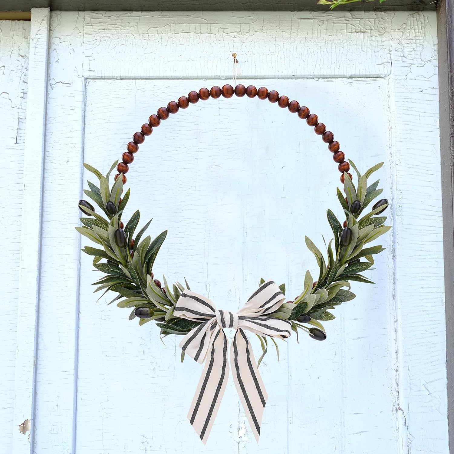 Wood Bead Olive Leaves Wreaths - 13 Inch Artificial Greenery Leaf Wreaths Farmhouse Rustic Boho Wall Hanging Decor for All Seasons for Natural Home Indoor Outdoor Bedroom Decoration