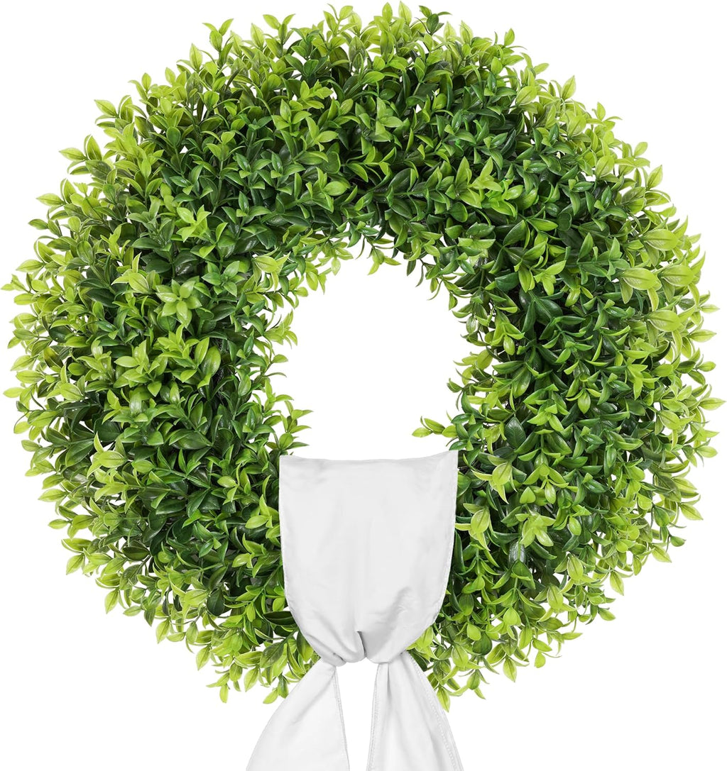 20 Inch Artificial Boxwood Wreaths for Front Door, Summer Door Wreath with Sash, Spring Green Wreath Weatherproof for Wall Window Porch Farmhouse Wedding Decor All Year Round Indoor Outdoor