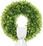 20 Inch Artificial Boxwood Wreaths for Front Door, Summer Door Wreath with Sash, Spring Green Wreath Weatherproof for Wall Window Porch Farmhouse Wedding Decor All Year Round Indoor Outdoor