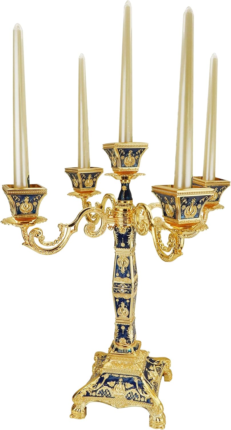 Metal Candelabra 17" Height, Candle Holder with 5 Arms,Antique Bronze Furnish Candle Holder, Centerpiece for Home Decro,Wedding Event, Party,1 Pack (Golden Blue)