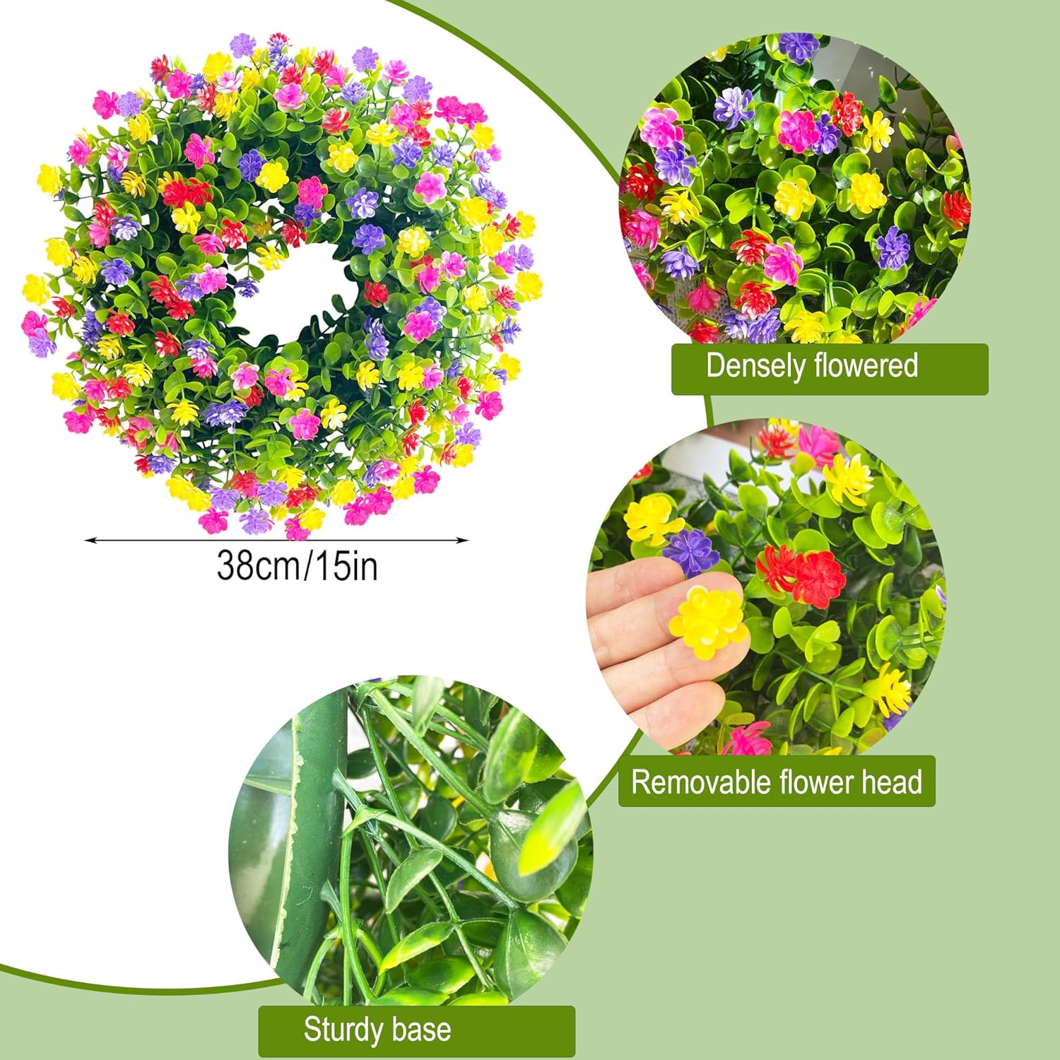 Door Wreath All Year Round, Colourful Artificial Flowers Wreath, Artificial Eucalyptus Wreath for Farmhouse, Garden, Wall, Living Room, Hallway, Wedding, Front Door Decoration (Without Cut, 38 cm)