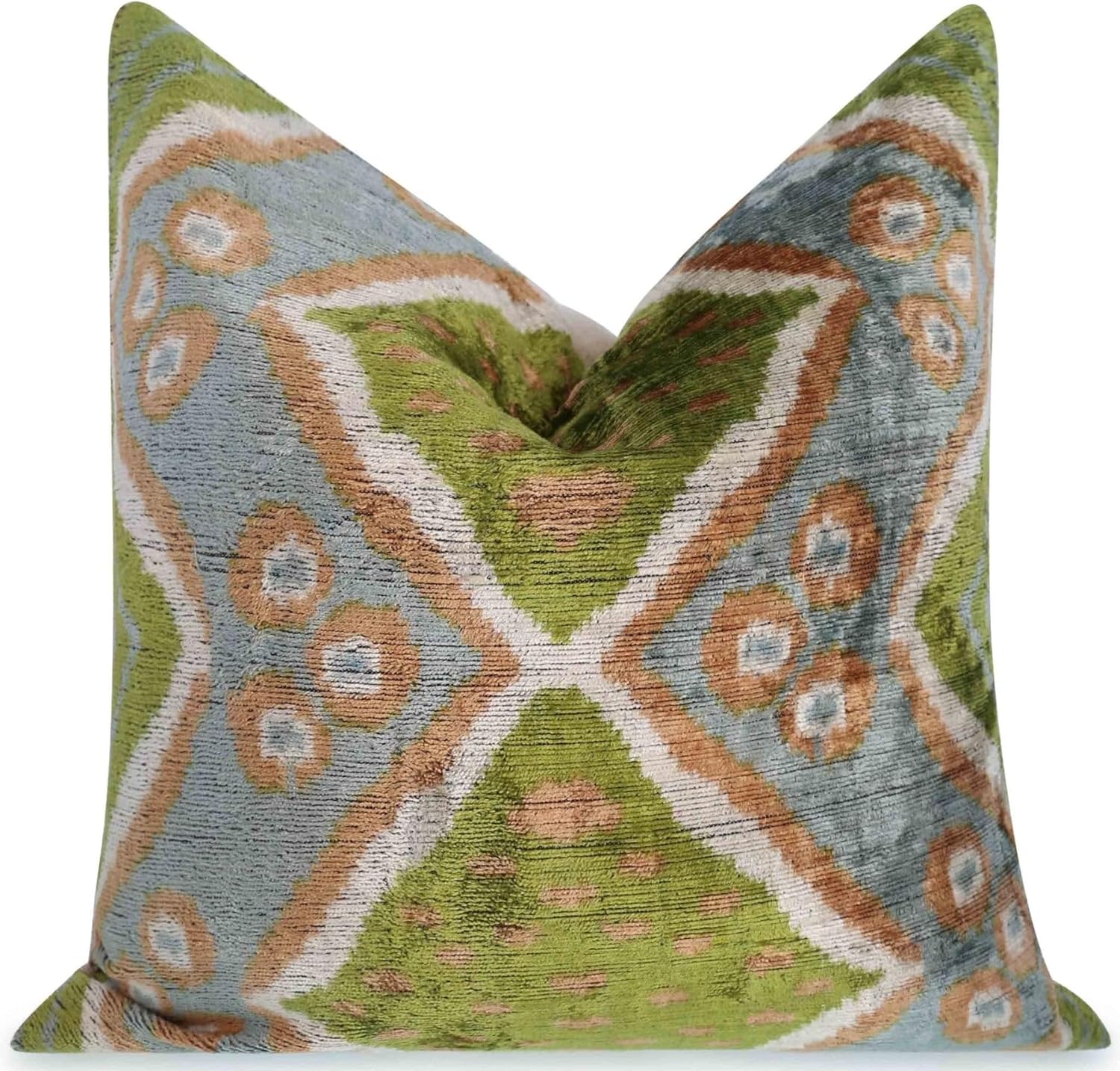 Handmade Velvet Throw Pillow with Geometric Ikat Design - Premium Down Feather Insert - Green, Blue, and Natural Colors - 20x20 Inch Decorative Accent Cushion for Living Room, Sofa, or Bedroom