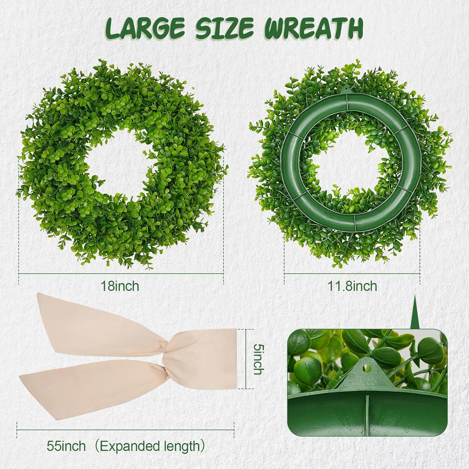 18inch Boxwood Wreath Outdoor Wreaths for Front Door Green Wreaths for Front Door Hanging with a Sash for Front Door Wall Hanging All Year Round Window Wall Indoor Outdoor Farmhouse Decoration