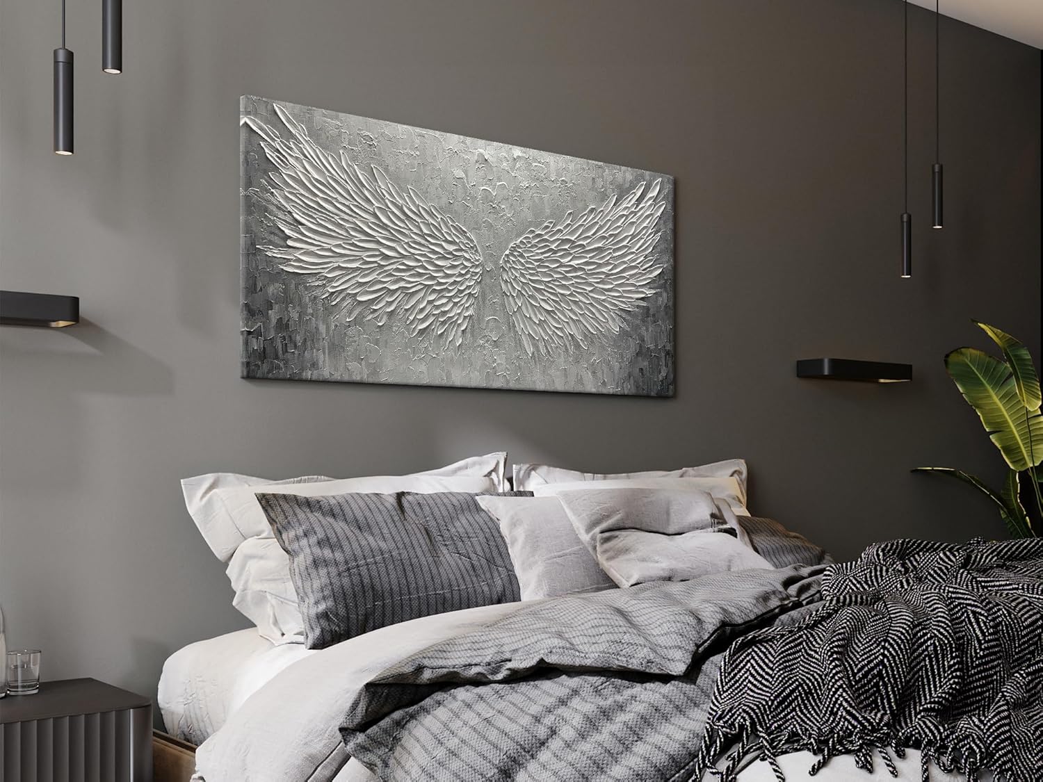 Wall Art with Canvas Hand Painted Wings, Grey and White Heavy Texture Oil Painting Wall Decor, Modern Painting Artwork for Wall for Living Room Bedroom Office Home Decor(48" Wx24 L)