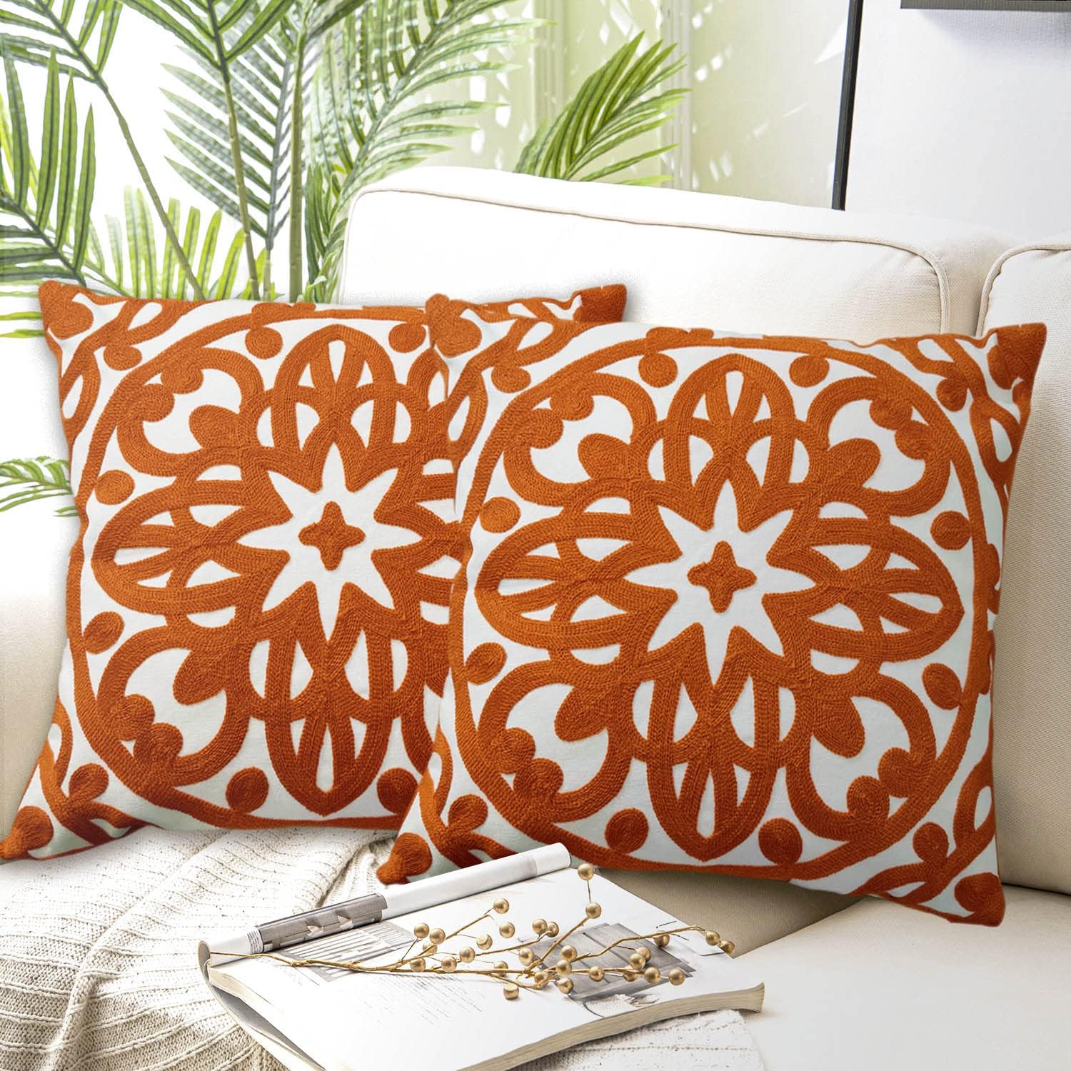 Embroidered Decorative Throw Pillow Cover 18x18 inches Set of 2 Pieces, Boho Mandala Modern Chic Classic Pattern Cotton Cushion Case for Sofa Couch Bed Living Room(Burnt Orange)