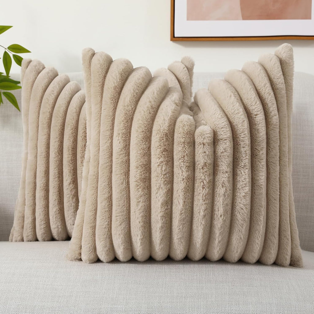Faux Fur Throw Pillow Covers 18x18 Set of 2, Decorative Soft Plush Striped Couch Pillow Covers with Velvet Back for Sofa, Bed, Living Room, Khaki