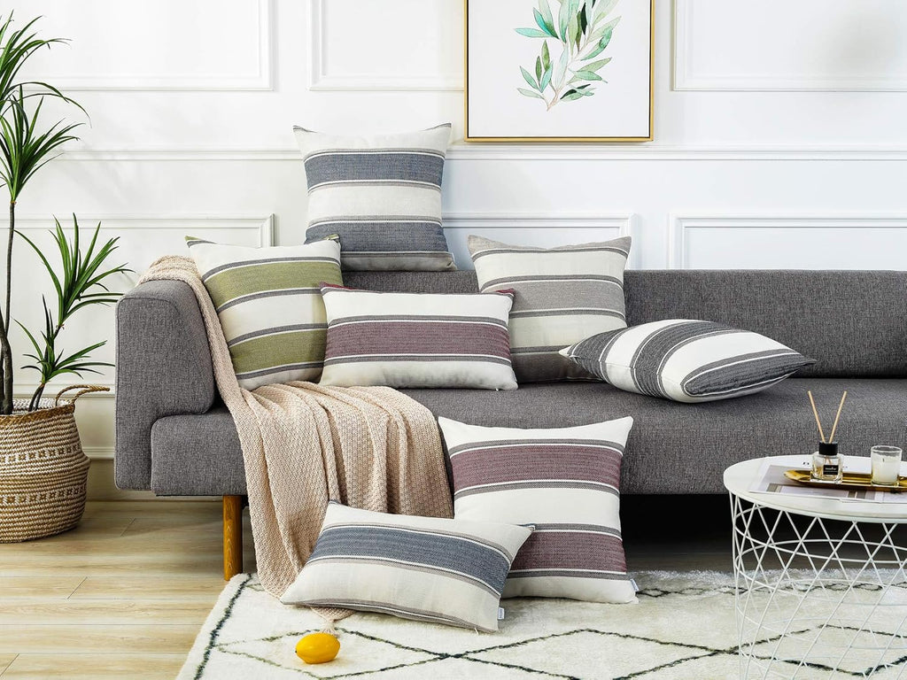 Pack of 2 Farmhouse Linen Throw Pillow Cover Cushion Stripe Decoration Buffalo Retro Pillowcase with Hidden Zipper for Sofa Bedroom Car 18 x 18 Inch Blue