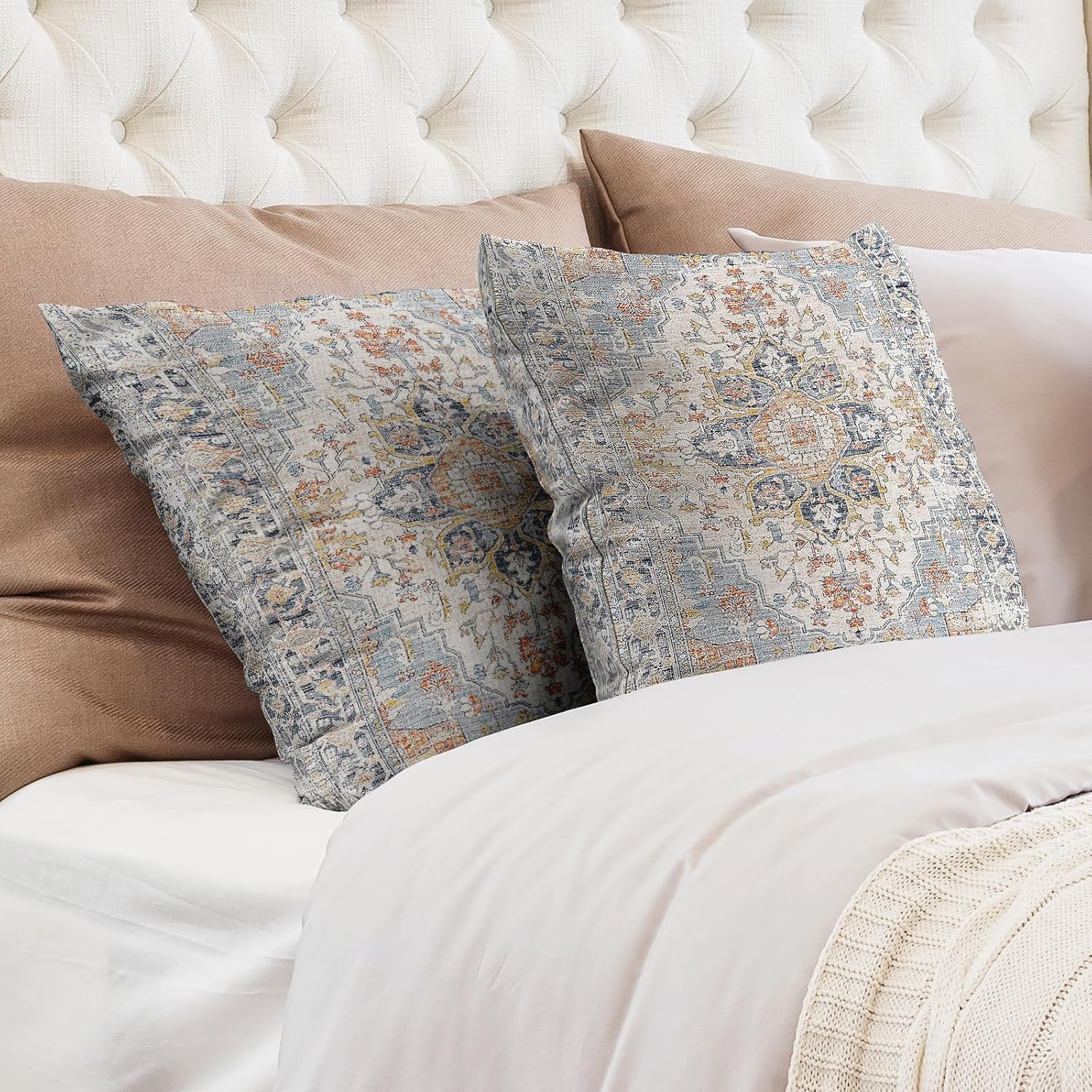 Boho Throw Pillow Covers 20x20 inch Set of 2,Soft Pillowcases Bohemia Carpet Pattern Decorative Sofa Living Room Bed Square Pillow Case Cushion Cover-Blue Grey