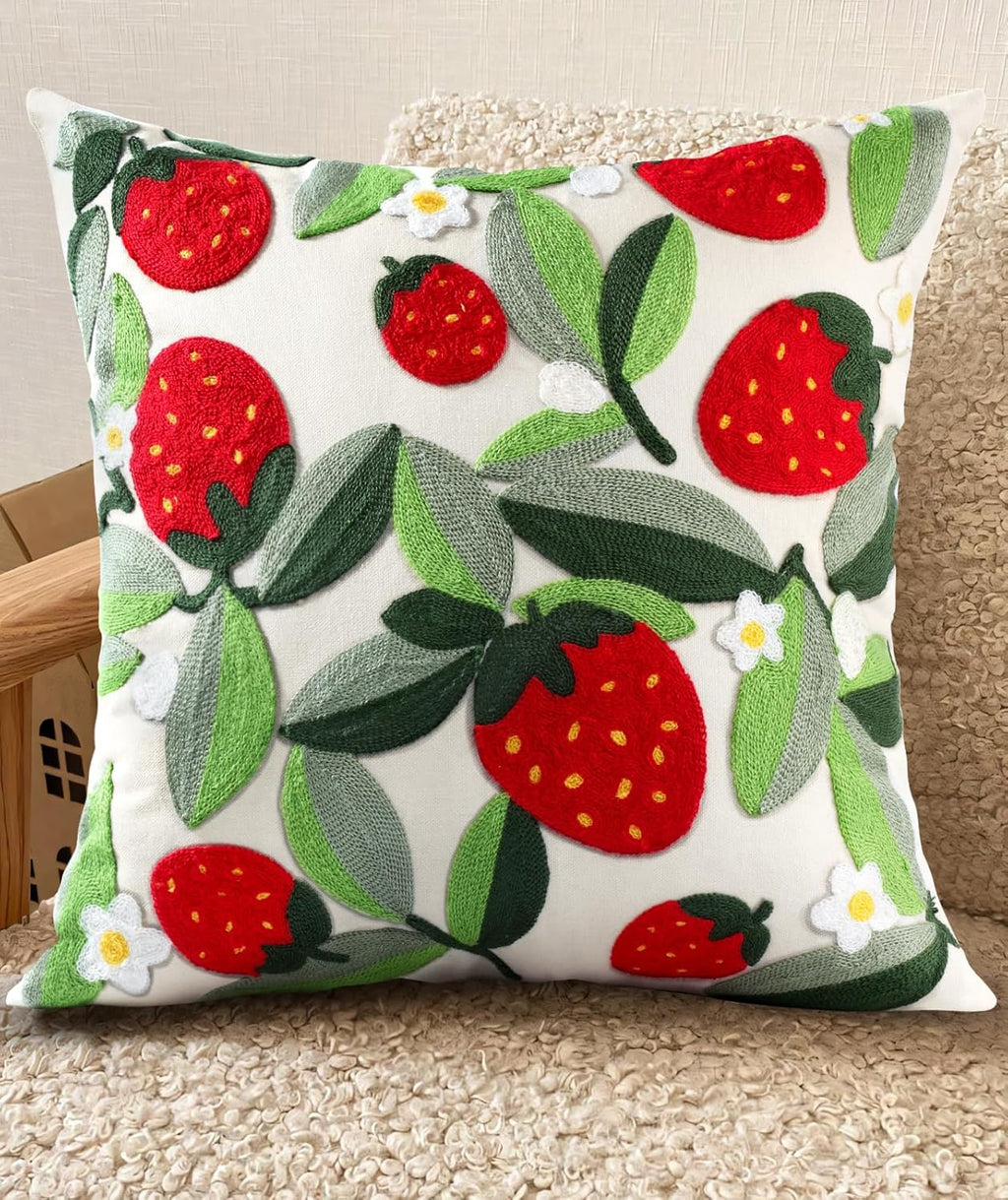 Embroidered Throw Pillow Cover - 18x18 inch Decorative Pillow Covers with Zipper Pillow Cover for Living Room Couch Sofa Bed Aesthetic Design Strawberry Linen Cotton Pillowcase Covers