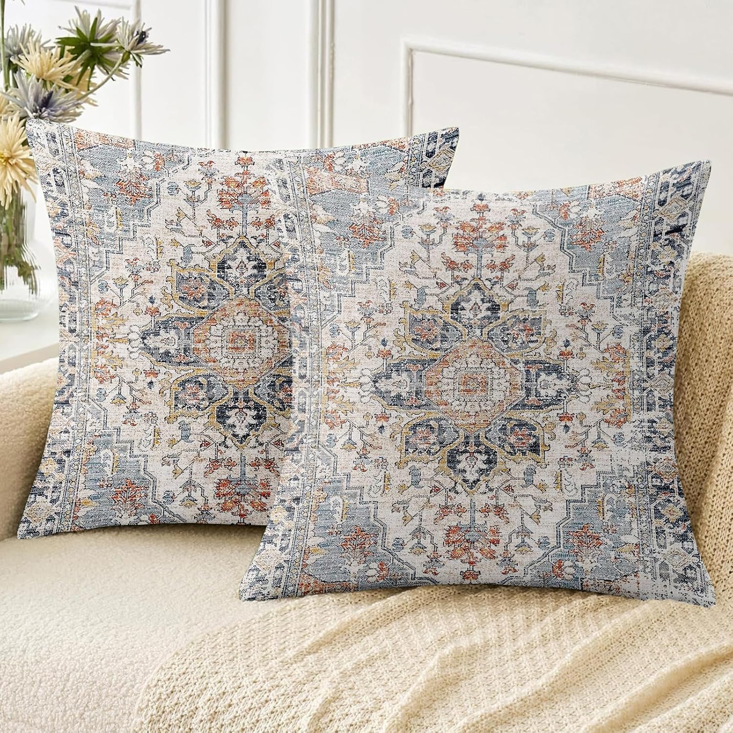 Boho Throw Pillow Covers 20x20 inch Set of 2,Soft Pillowcases Bohemia Carpet Pattern Decorative Sofa Living Room Bed Square Pillow Case Cushion Cover-Blue Grey
