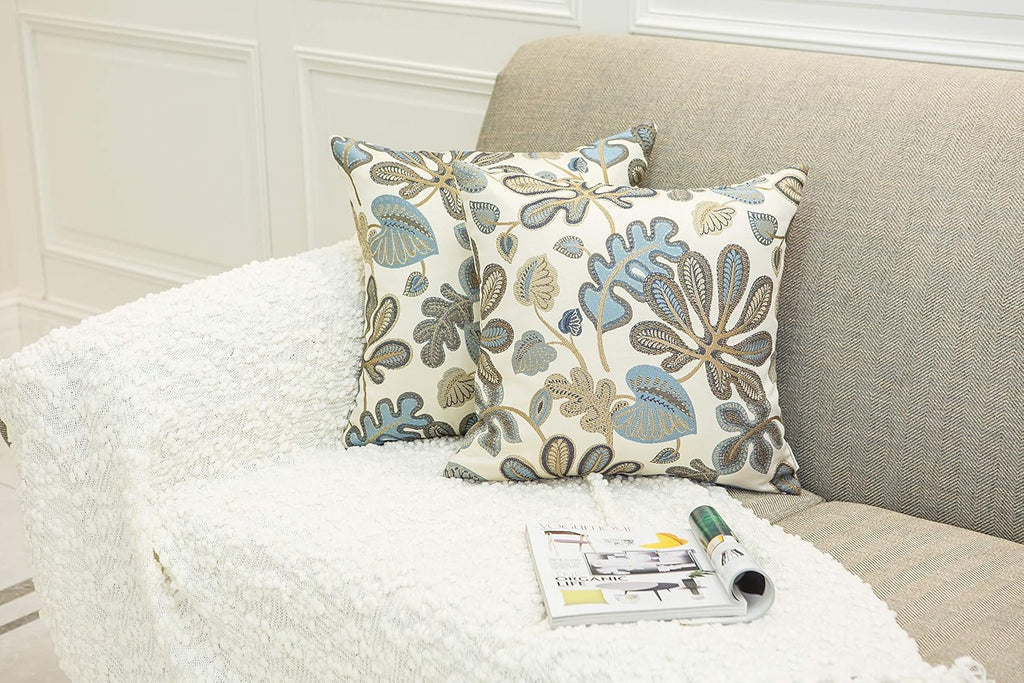 Set of 2 Jacquard Tropical Leaf Pattern Throw Pillow Covers Decorative Pillowcase 20X20 Inches,Blue Cream