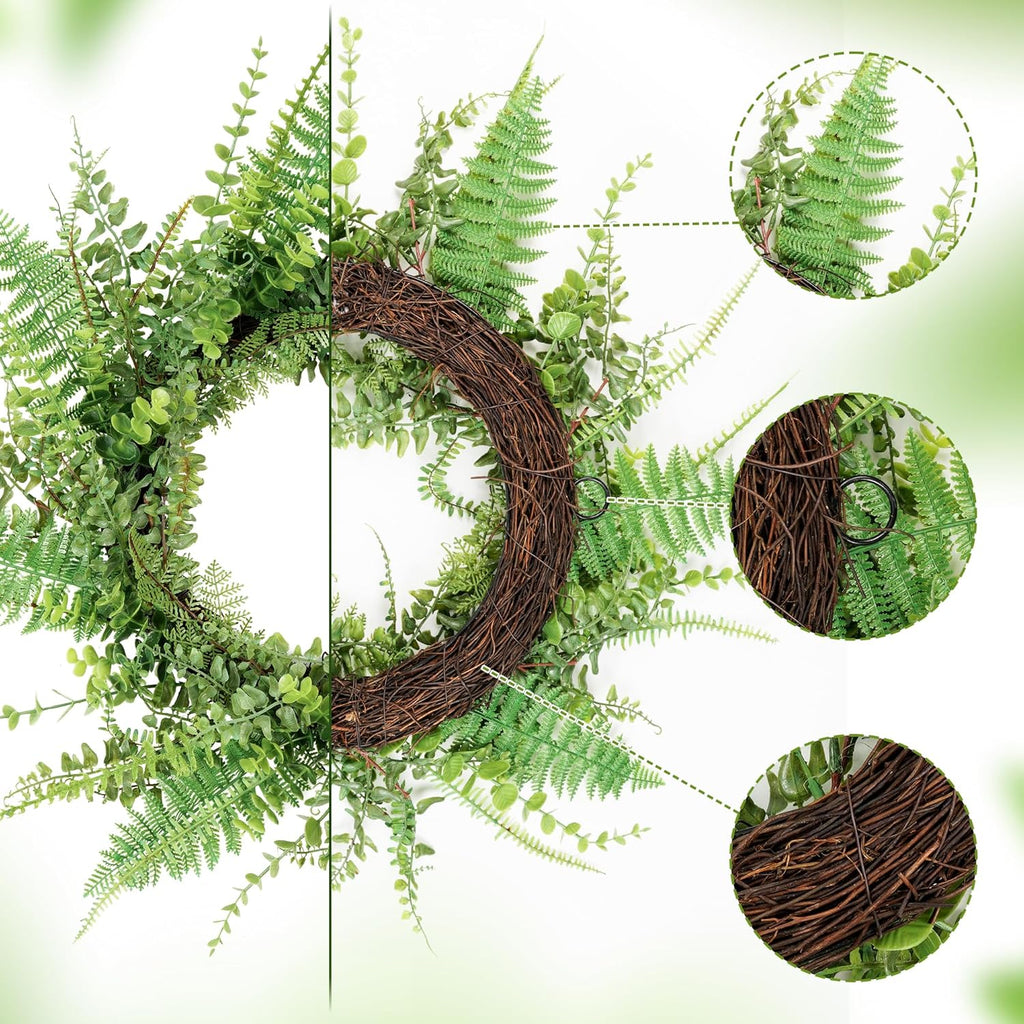 26inch Fern Wreath for Front Door, 26'' Farmhouse Mixed Green Wreath for Door Wall Window Decoration, Handmade Spring Summer Large Wreath