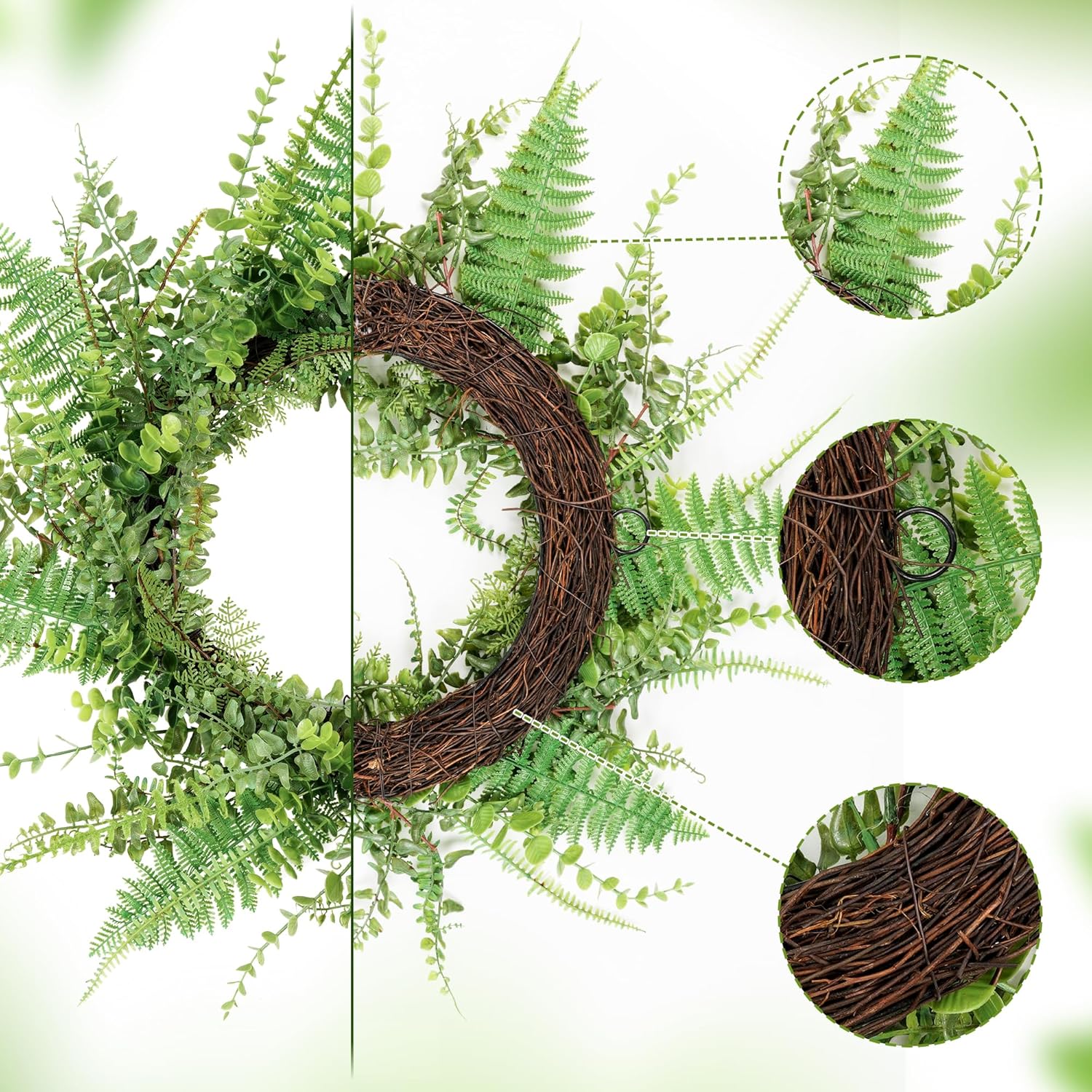 26inch Fern Wreath for Front Door, 26'' Farmhouse Mixed Green Wreath for Door Wall Window Decoration, Handmade Spring Summer Large Wreath