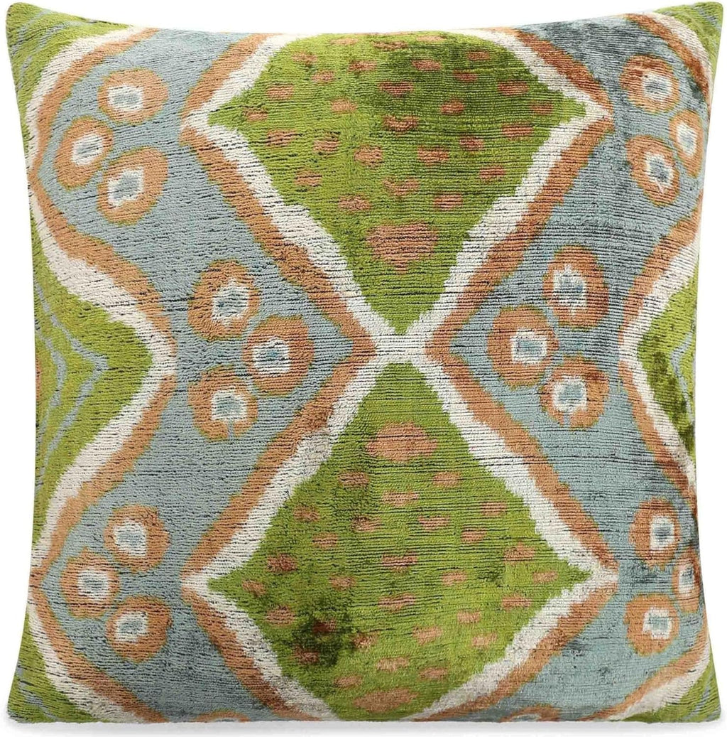 Handmade Velvet Throw Pillow with Geometric Ikat Design - Premium Down Feather Insert - Green, Blue, and Natural Colors - 20x20 Inch Decorative Accent Cushion for Living Room, Sofa, or Bedroom