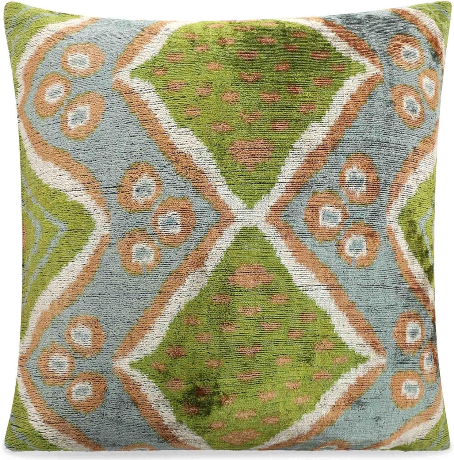 Handmade Velvet Throw Pillow with Geometric Ikat Design - Premium Down Feather Insert - Green, Blue, and Natural Colors - 20x20 Inch Decorative Accent Cushion for Living Room, Sofa, or Bedroom