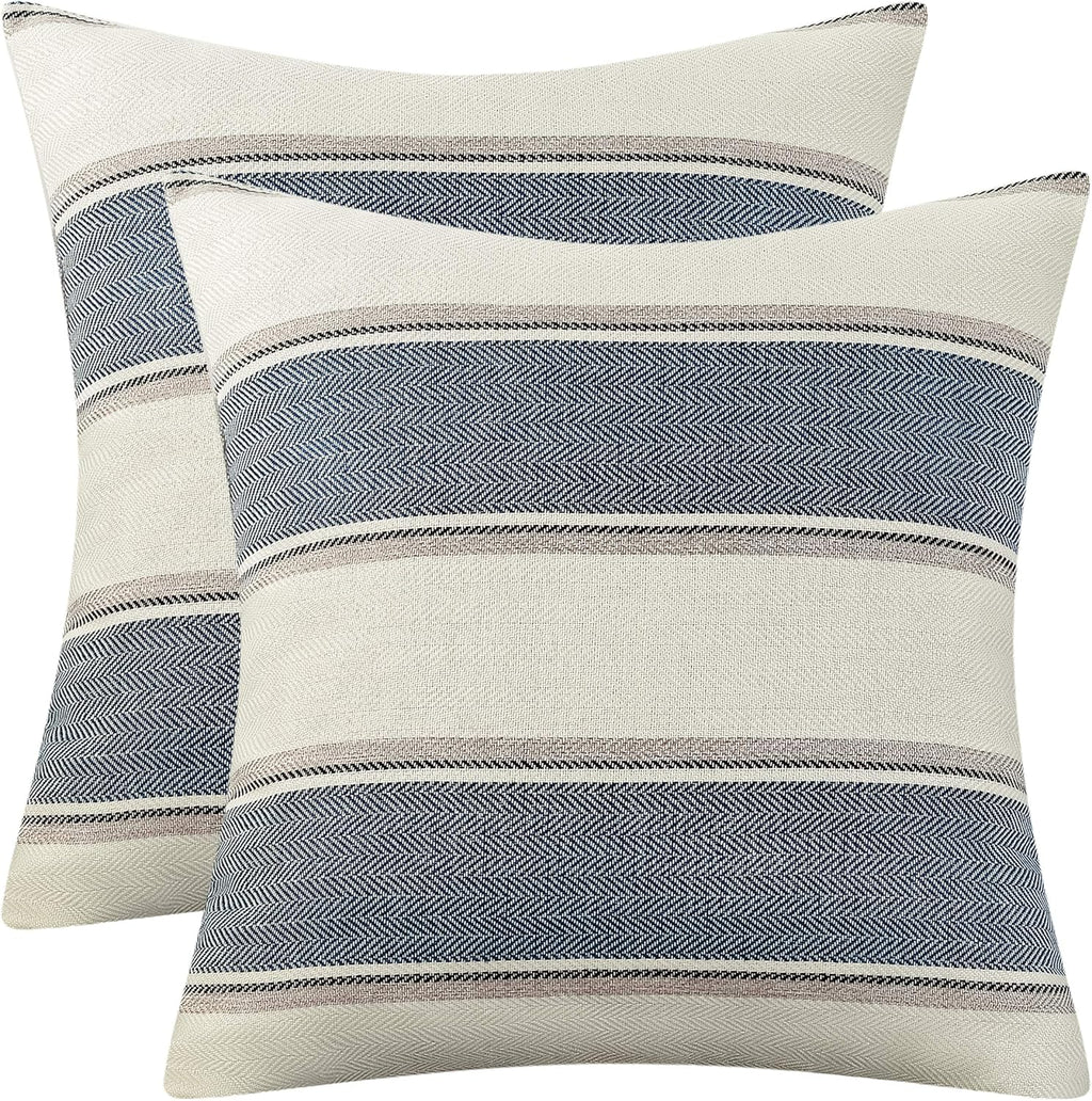 Pack of 2 Farmhouse Linen Throw Pillow Cover Cushion Stripe Decoration Buffalo Retro Pillowcase with Hidden Zipper for Sofa Bedroom Car 18 x 18 Inch Blue