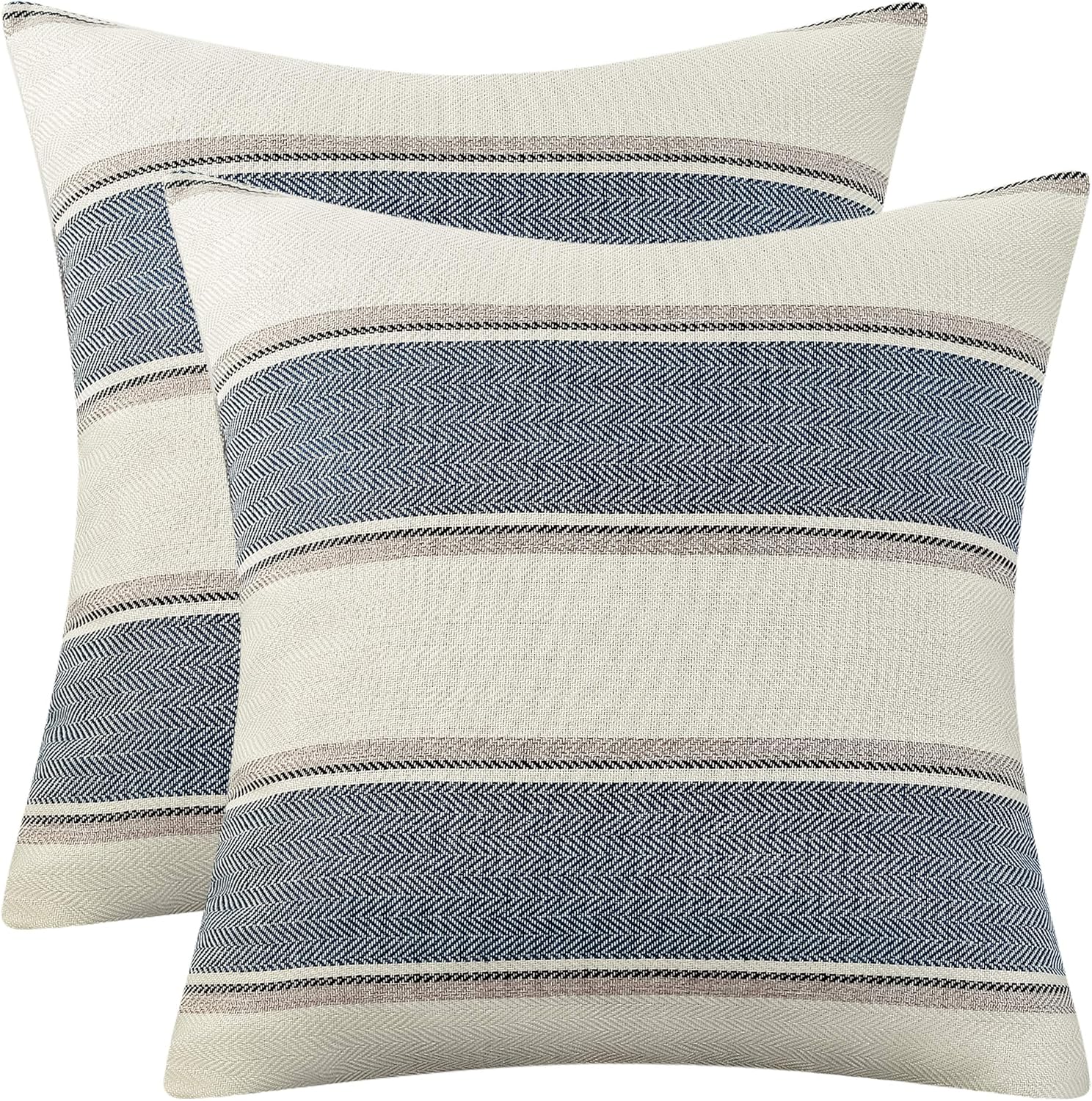 Pack of 2 Farmhouse Linen Throw Pillow Cover Cushion Stripe Decoration Buffalo Retro Pillowcase with Hidden Zipper for Sofa Bedroom Car 18 x 18 Inch Blue