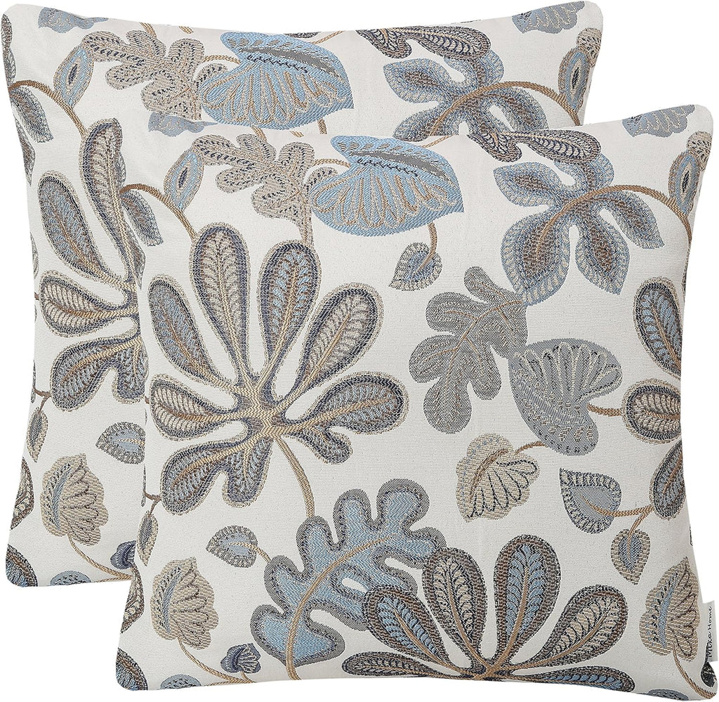 Set of 2 Jacquard Tropical Leaf Pattern Throw Pillow Covers Decorative Pillowcase 20X20 Inches,Blue Cream